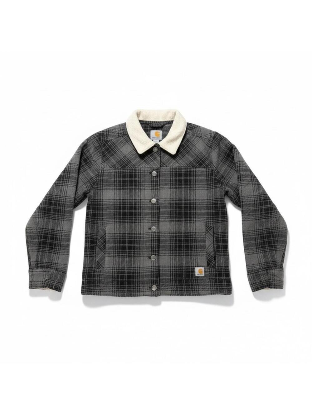 Carhartt Jacket Womens Small Gray Plaid Sherpa Collar Fleece Shirt Jacket